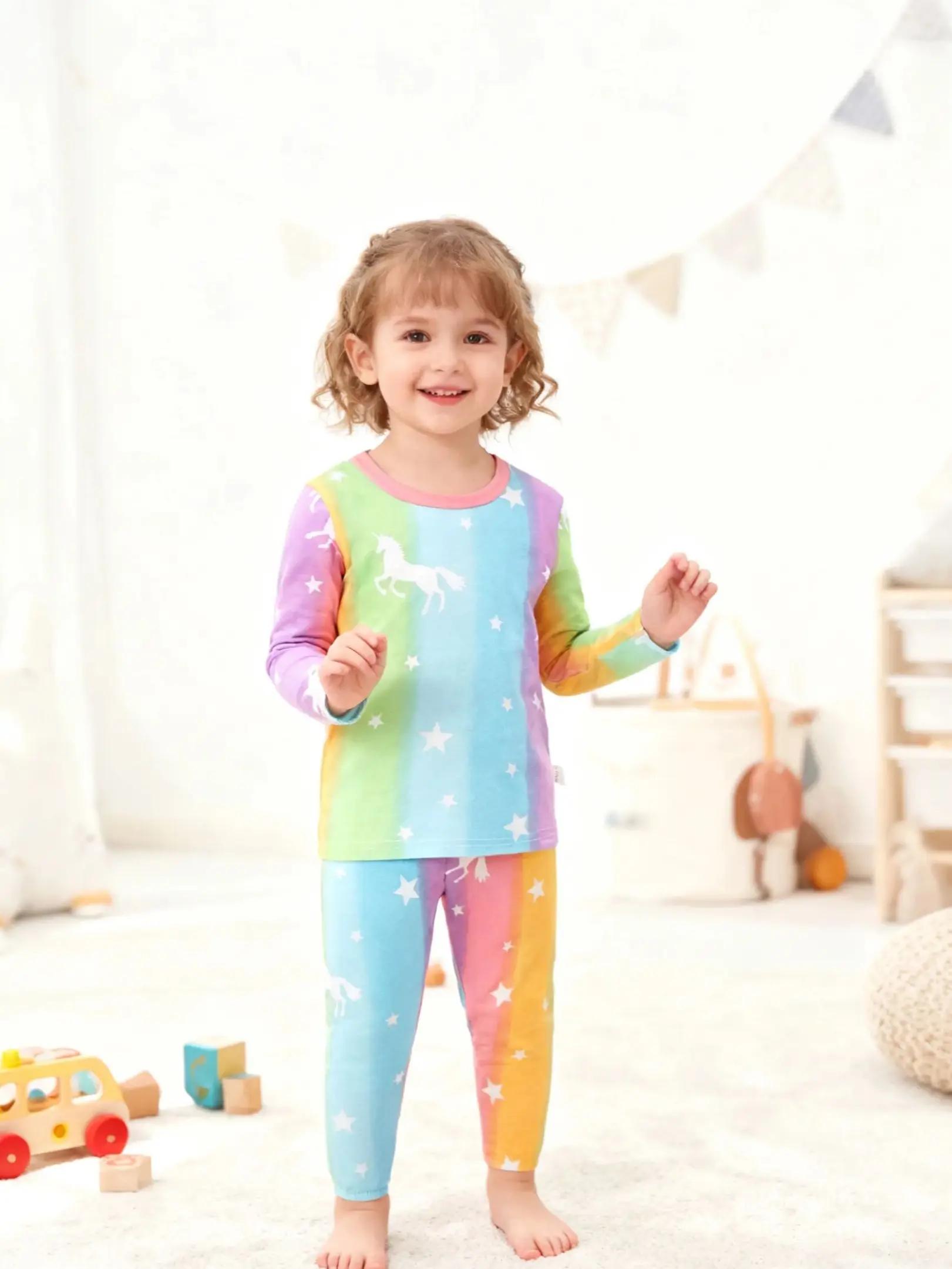 Kinderkleidung Frühling und Herbst Langarm Lange Hosen Unterwäsche-Set Pyjama-Set Mädchen Buntes Einhorn Hauskleidung-Set – Detail 2