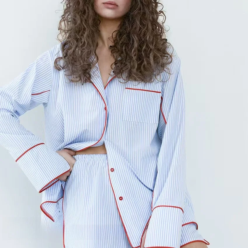 

Long Sve Striped irt And orts Set Home Clothes Youth Loose Fit Autumn Home Comfortable Breathable Polyester Blend