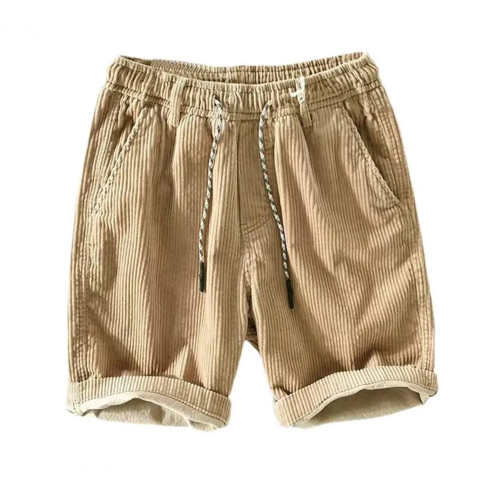 Comfortable Three-quarter Pants Stylish Men\'s Elastic Waist Corduroy Beach Shorts with Pockets Adjustable Drawstring for Summer