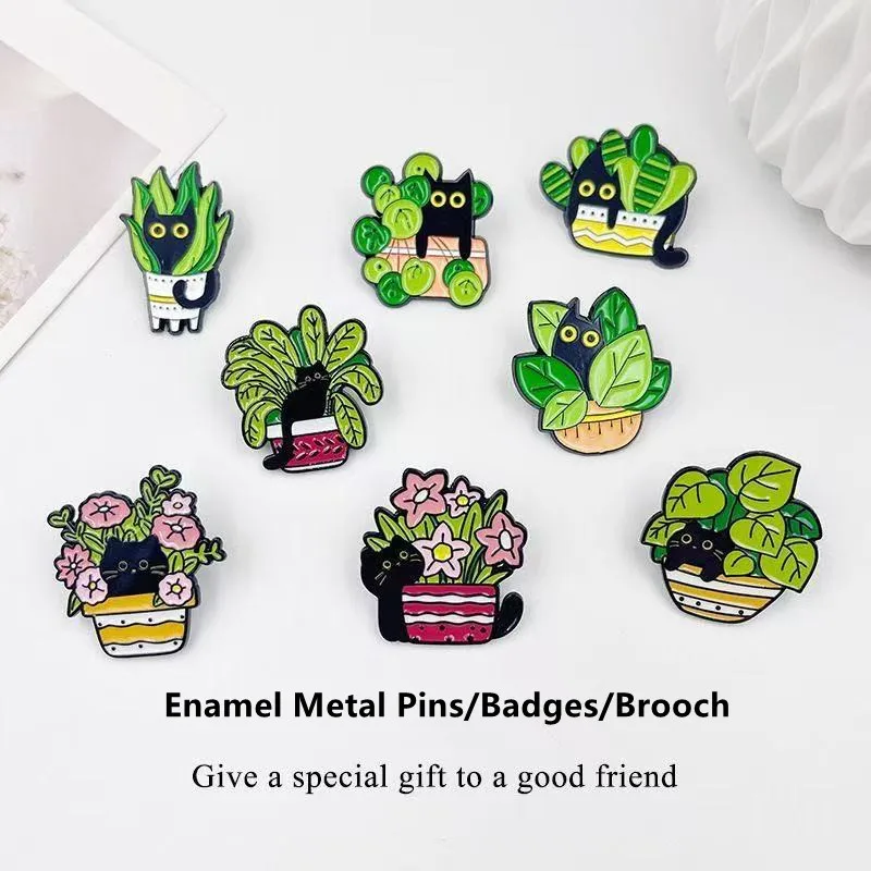 Cats in Plants Enamel Pins Metal Black Cat Potted Plant Badges Lapel Brooches Fun Animal Plant Jewelry Gift On Backpack For Kids