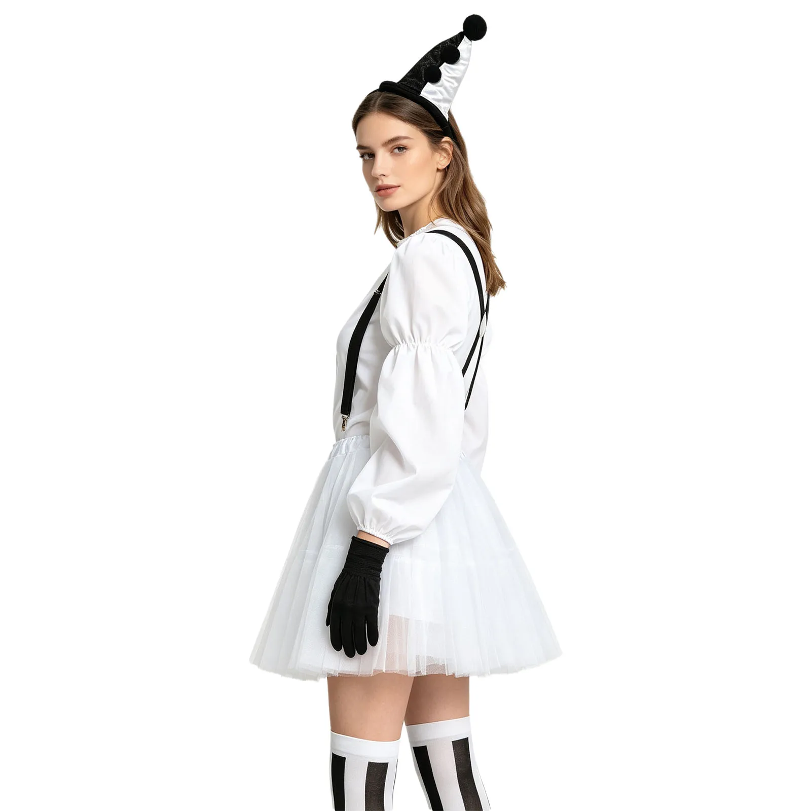 Halloween Women Clown Cosplay Sets Elastic Waistband Tulle Skirt with Suspenders Gloves Stockings Headband Pom-poms 4