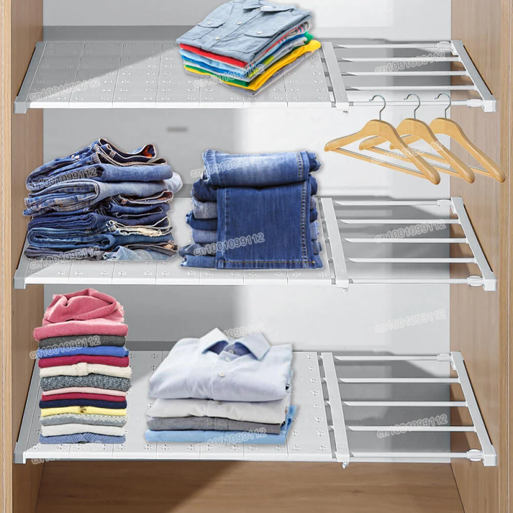 Stretchable Wardrobe Closet Organizer Rack Punch-free Retractable Layers Board Wardrobe Storage Shelves for Kitchen Bathroom