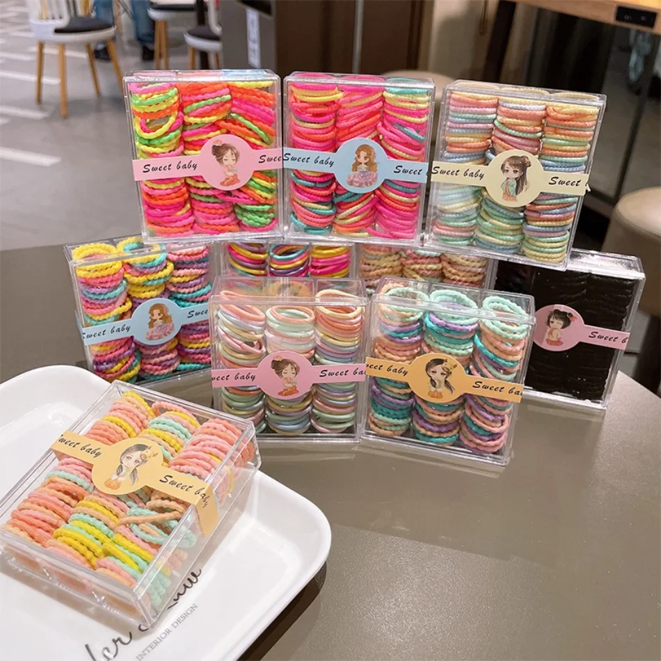 Kids Elastic Hair Ties Box Set Colorful Mini Ponytail Holders Soft Hair Bands Bulk Pack Toddler Girls Hair Accessories ZX07
