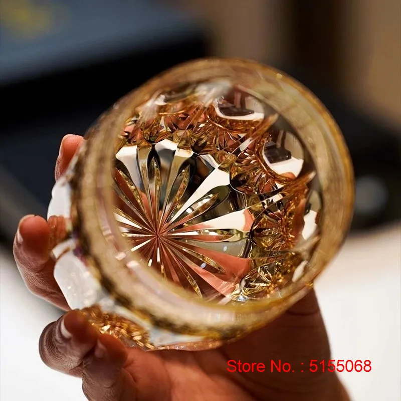 Hand Cut Warrior Armor Amber Edo Kiriko Crystal Wine Cup Luxury Goods Whiskey Brandy Glass Artwork Liquor Snifter Water Beer Mug