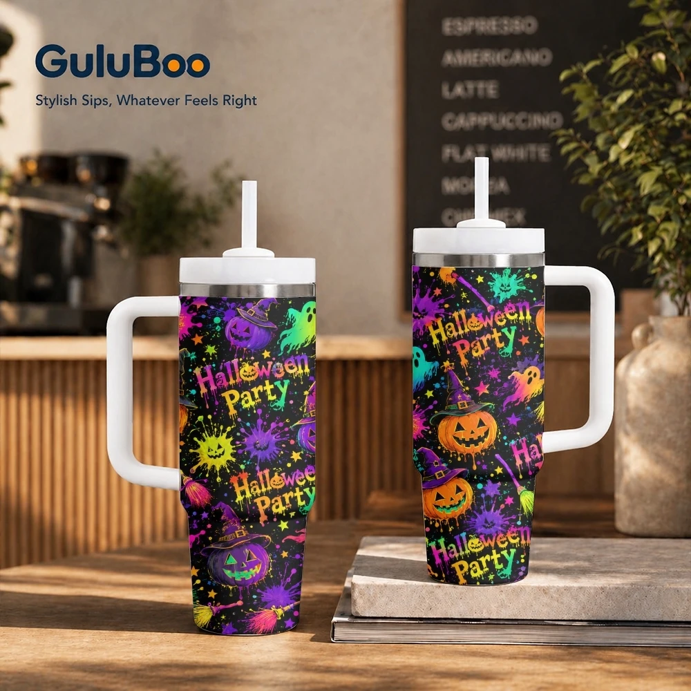 Neon Halloween Pumpkin Graphics Vacuum Flasks 40oz Stainless Steel Insulated Tumbler With Handle & Straw Leakproof Travel Mug