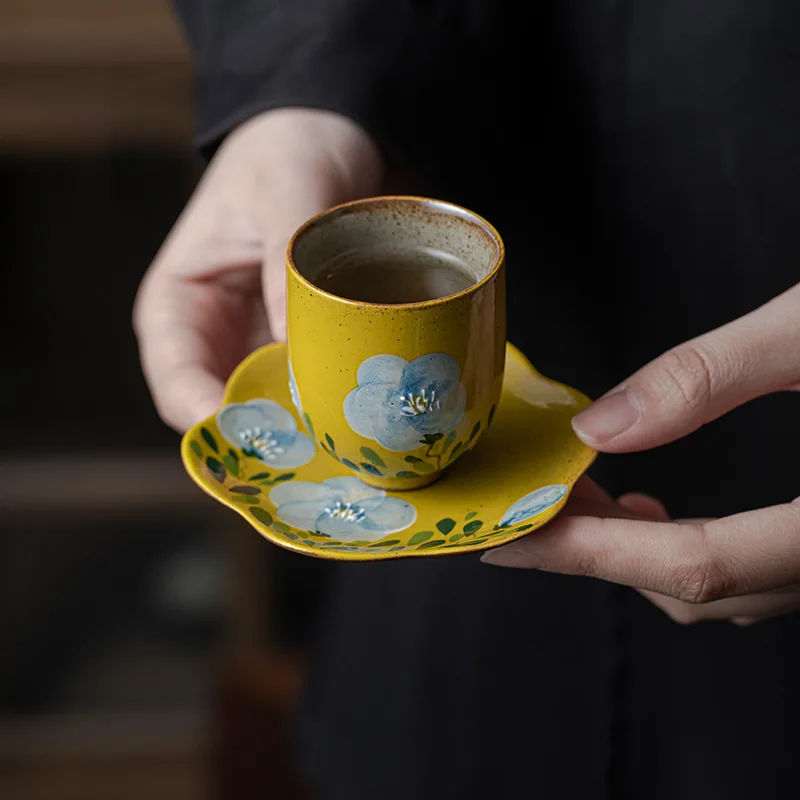 

Underglaze Hand Painted Camellia Ceramic Tea Cup Chinese Kung Fu Teaware Set With Coasters For Home Use Gift Idea
