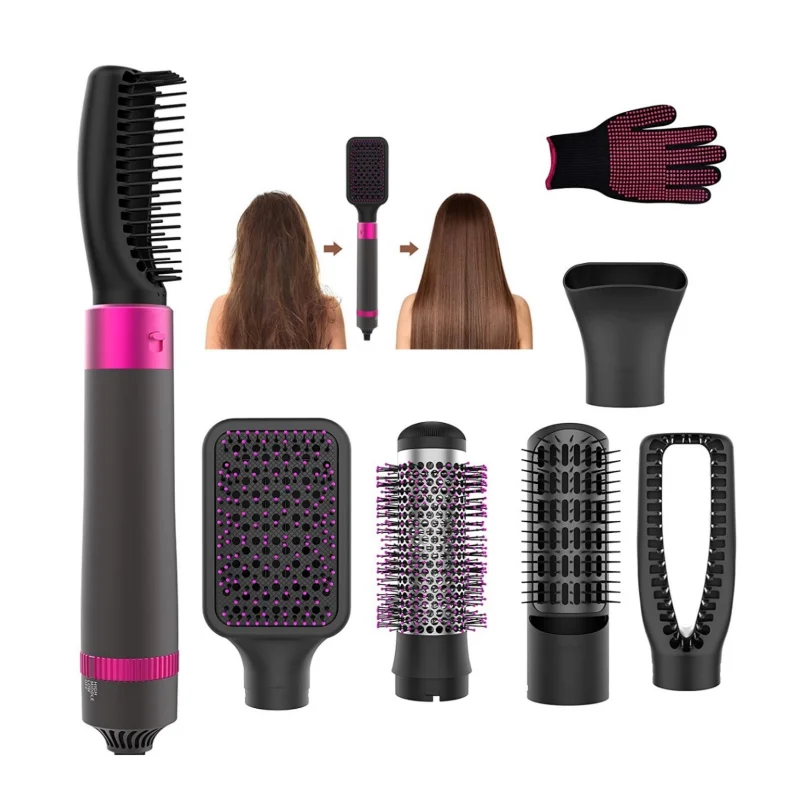 5 in 1 Negative Ion Hot Air Brush Kit Hair Dryer with 5 Detachable Brush Heads for Straightening and Curling Styling.