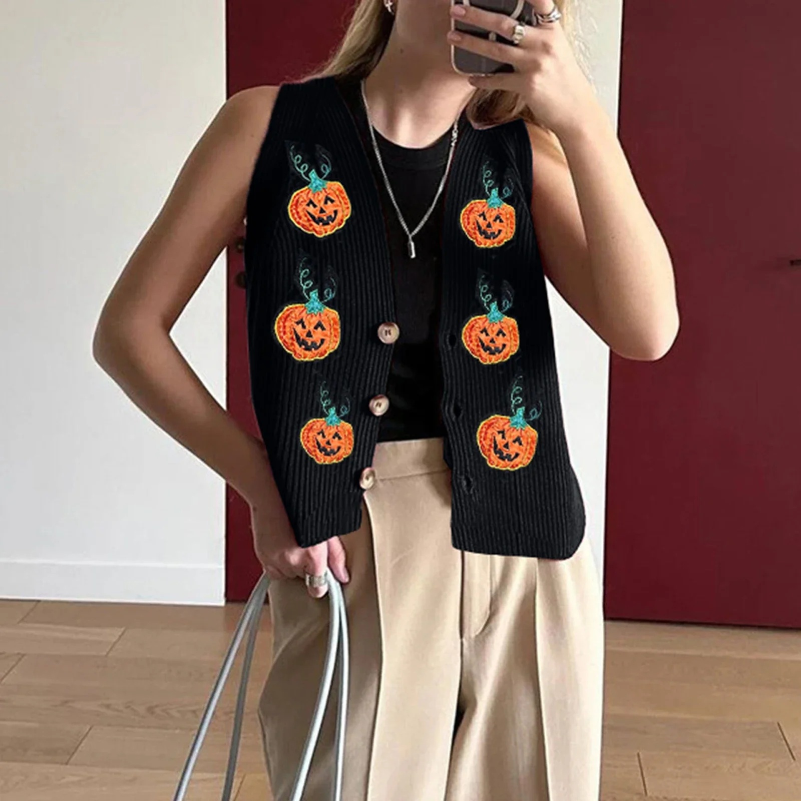 Womens Halloween Sweater Vest Pumpkin V Neck Sleeveless Button Down Knitted Cardigan Casual Streetwear