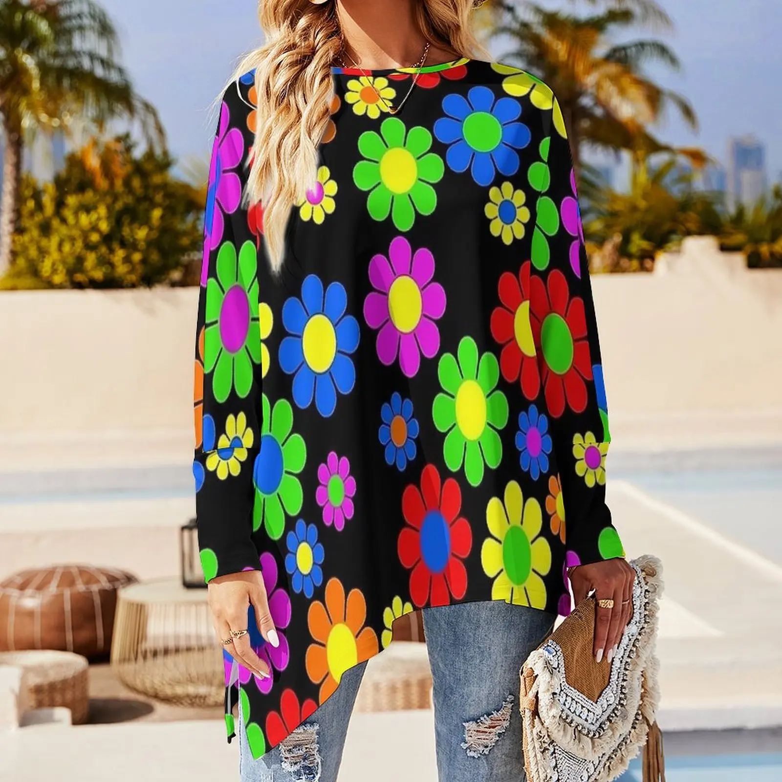 Flower Power T-Shirt Daisy Floral Print Loose Long Sleeve T-Shirts Custom Cute Tshirt Female Spring Tops Big Size 4XL 5XL