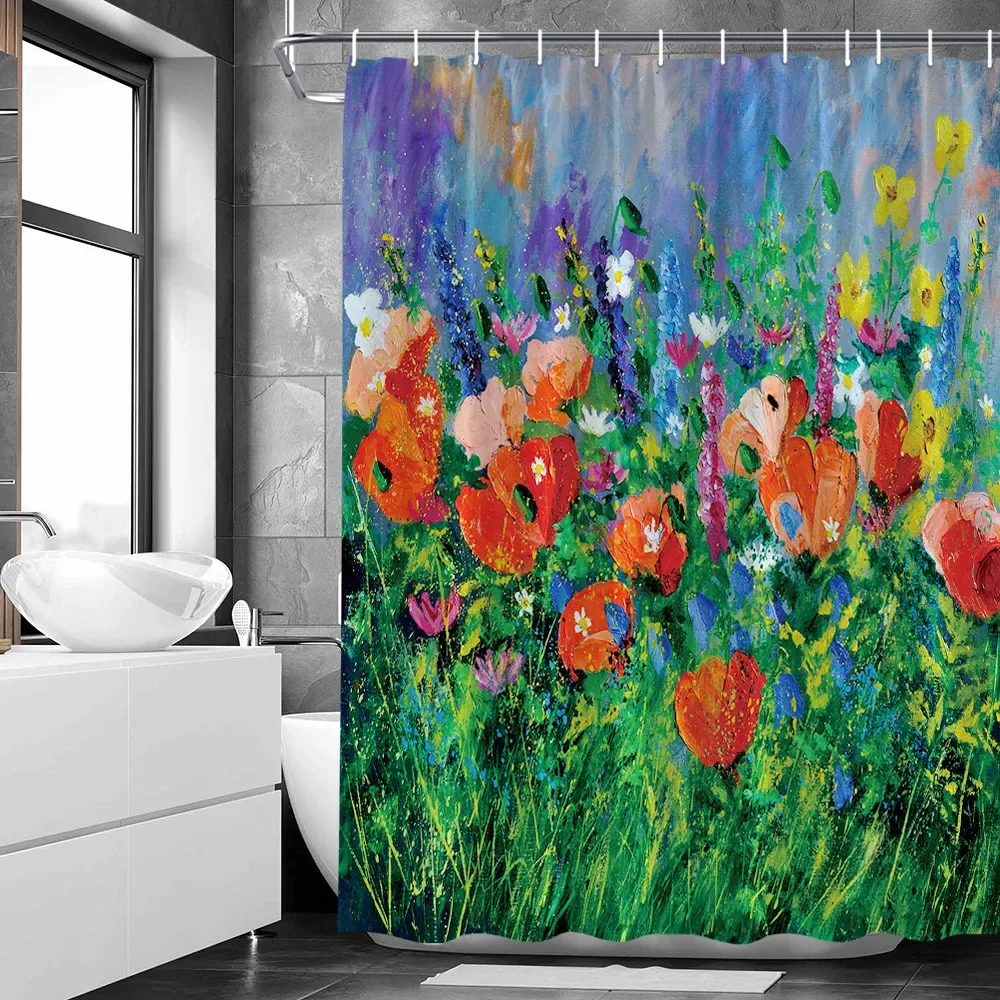 Garden Landscape Shower Curtains Bathroom Decor Watercolor Idyllic Flowers Painting Aesthetic Art Fabric Bathroom Curtain Sets