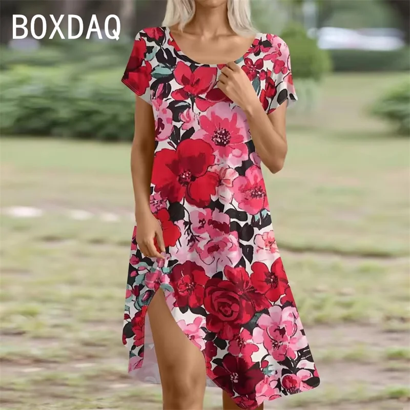 Damen-Sommerkleid, elegantes Retro-Blumenkleid, Sommer, kurzärmelig, Rundhalsausschnitt, lässig, Strand-Partykleid, 2025, Trend, Damen-A-Linien-Kleid