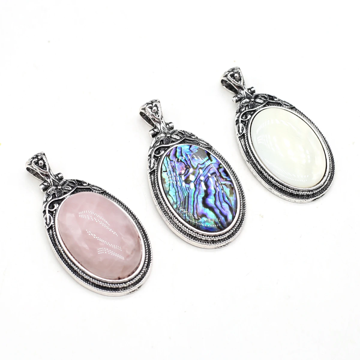 28x55mm Natural Stone Shell Oval Vintage Style Pendant Opal Rose Quartz Charms for Jewelry Making DIY Necklace Pendant Accessory