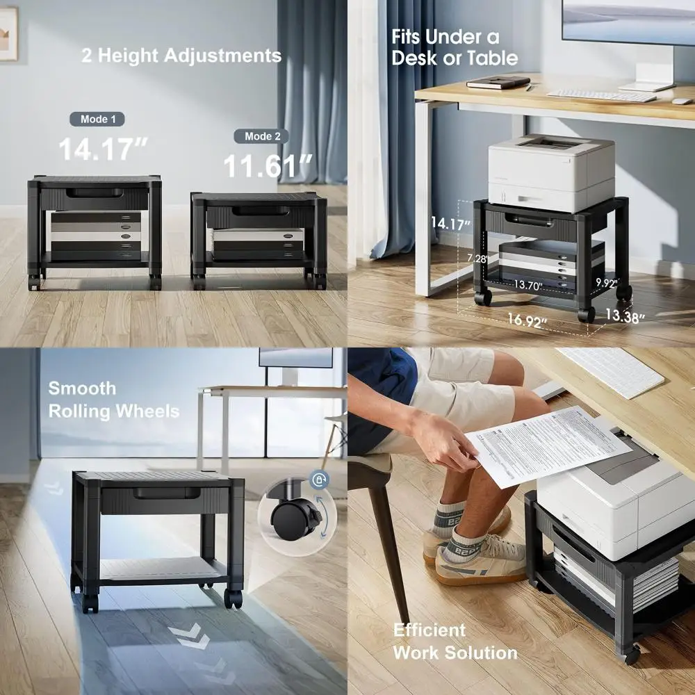 

Регулируемая подставка для принтера с кабель-каналом для проводов, фиксирующимися колесами и местом для хранения, для дома или офиса