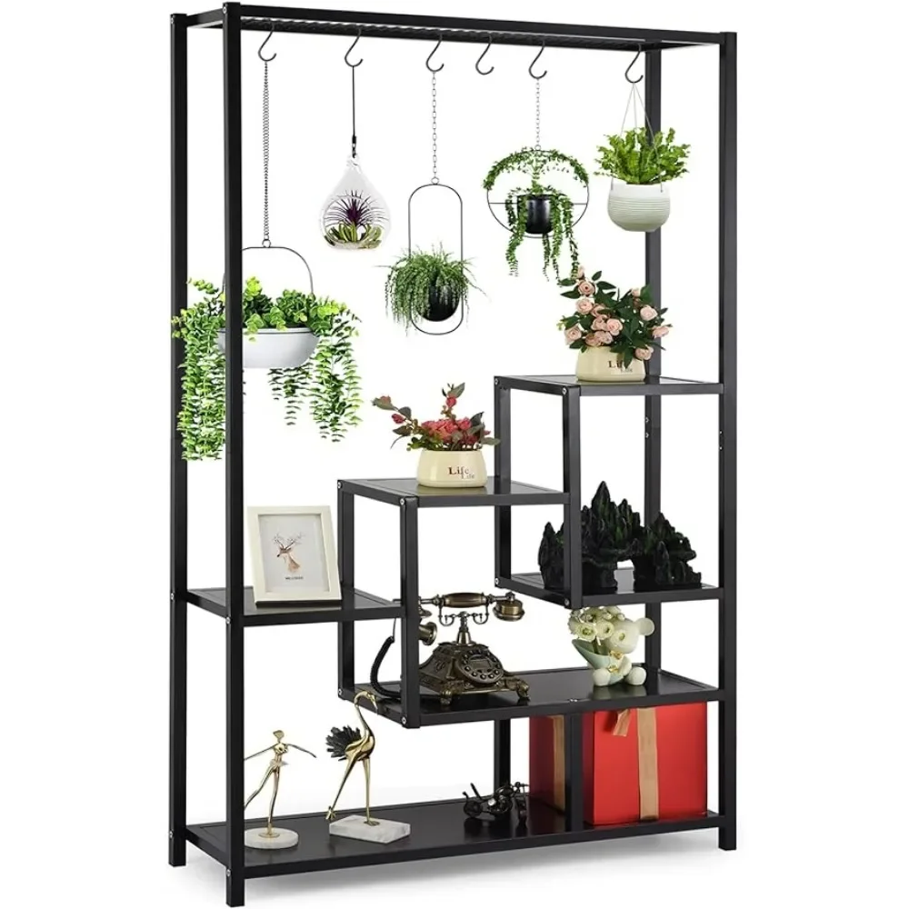 

OEING 5 Tier Metal Plant Stand, 70.9inch Tall Indoor Plant Shelf with 6 Pcs Hanging Hooks, Flower Bonsai Pots Display Rack