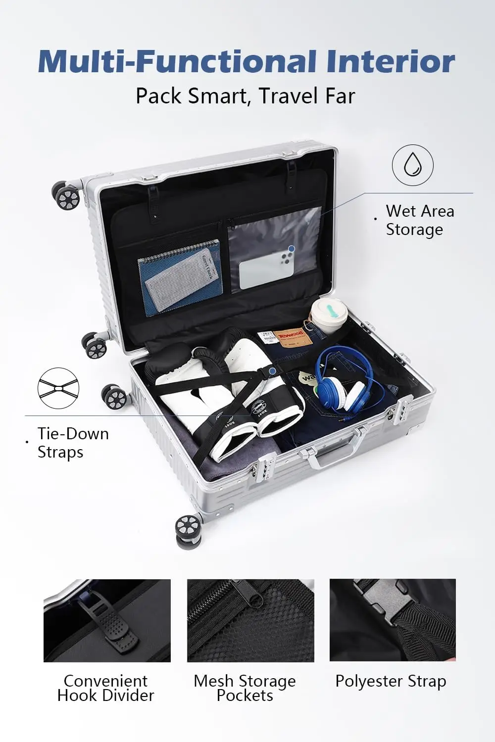 Carry On Luggage with Aluminum Frame, 20 Inch PC Hard Shell Suitcase with Spinner Wheels and TSA Locks