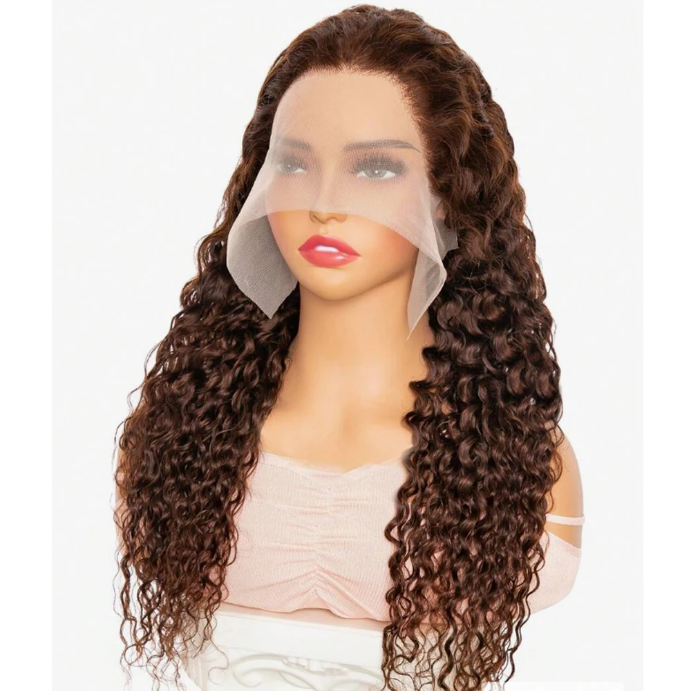 100% Human Hair Brown Water Wave Wigs Human Hair Chocolate Brown Curly Pre Plucked 13x4 13x6 HD Lace Frontal Wigs For Women 200%