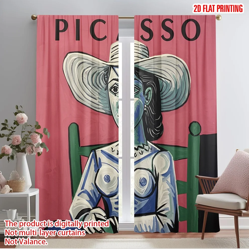 

2pcs 2D flat printing Window Drapes Picasso Seated Woman Straw Hat 100% Polyester Without Electricity Party Decorations for
