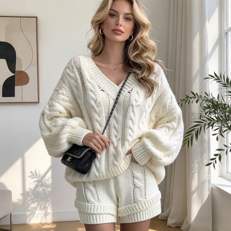 Women's Sweater Set Autumn Winter Fashion Long Sleeve V-neck Knitted Tow Piece Women's Pullovers Sweater+Loose Casual Shorts Set