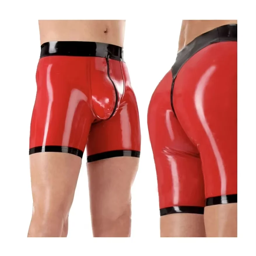 

Sexy Latex Mans Boxer Shorts Red and Black Trims Rubber Shorts with Crotch Zip Underwear Plus Size XXXL Handmade Underpants