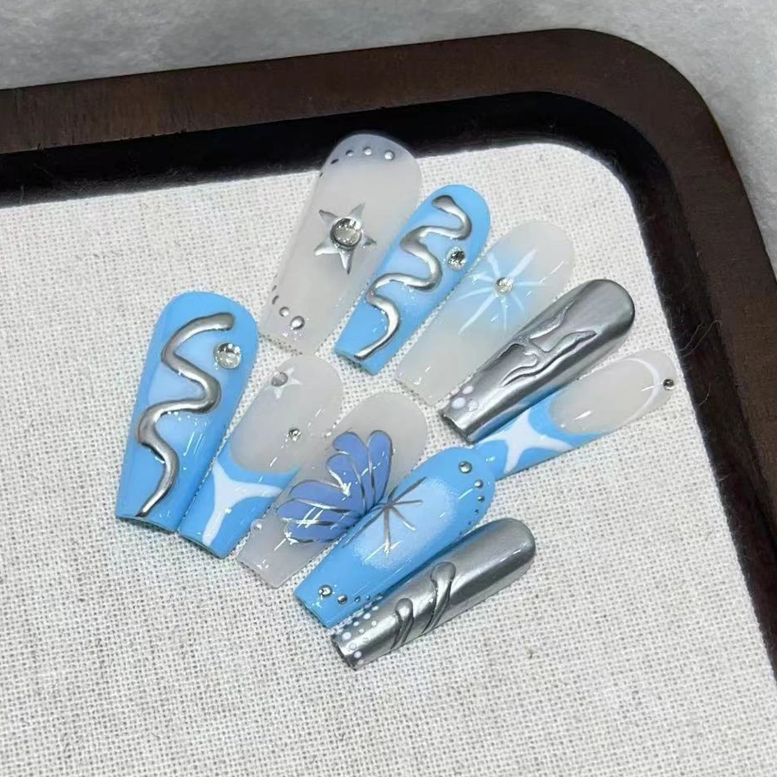 10개 롱 T자형 블루 버터플라이 프레스온 네일 오션 스타일 3D 프렌치 팁 인조 손톱 여성용 DIY 네일 아트 키트