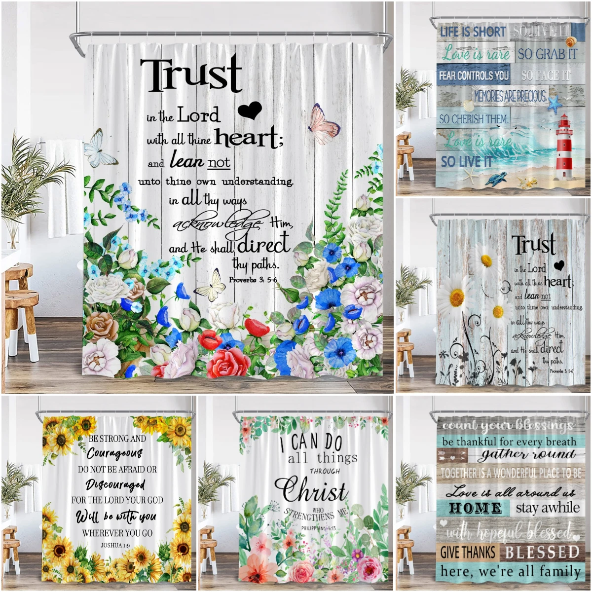 Motivational Quote Farmhouse Shower Curtain Colorful Flower Butterfly Positive Word Bathroom Decor Floral Polyester Bath Curtain