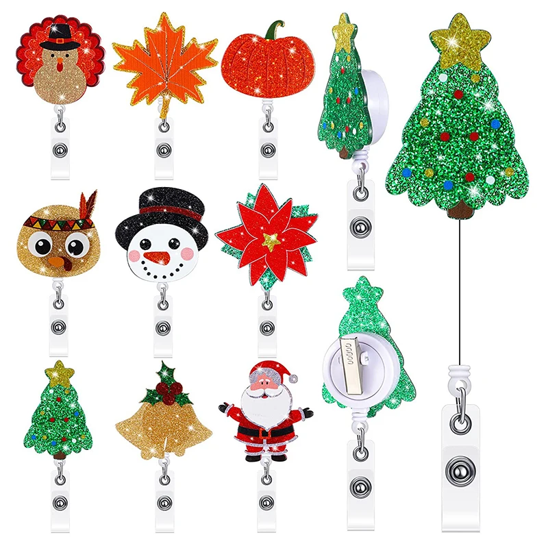 2pcs Glitter Retractable Nurse Badge Reel Christmas Tree Bell Snowman Turkey Name Tag ID Card Holder Keys Lanyard