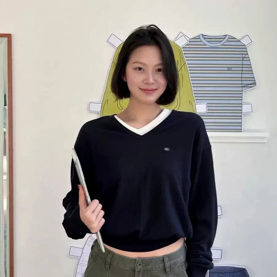 

Loose V-neck Knitwear Pure Color Lazy Style Women's Top Lin Na Lian Design Korean Style Long Sleeve Regular Fit Pure Color