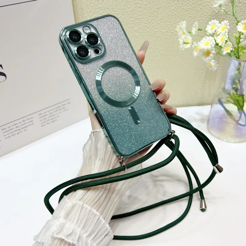 Magnetische Schutzhülle mit Trageriemen für Samsung S25 Ultra Galaxy S24 FE S21 S26 S22 S23 Plus A56 Kabellose Glitzer-Beschichtung Crossbody Lanyard Cover – Detail 13