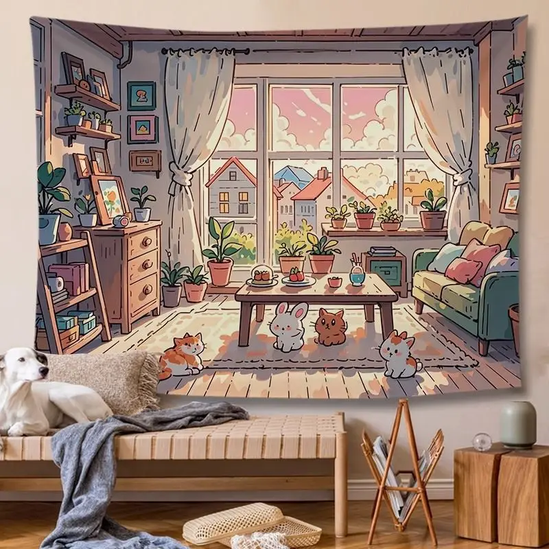 VIKAMA Red Curtain Snow Scene Christmas Tapestry, Elegant Wall Hanging Background Cloth for Dramatic Living Room Decor
