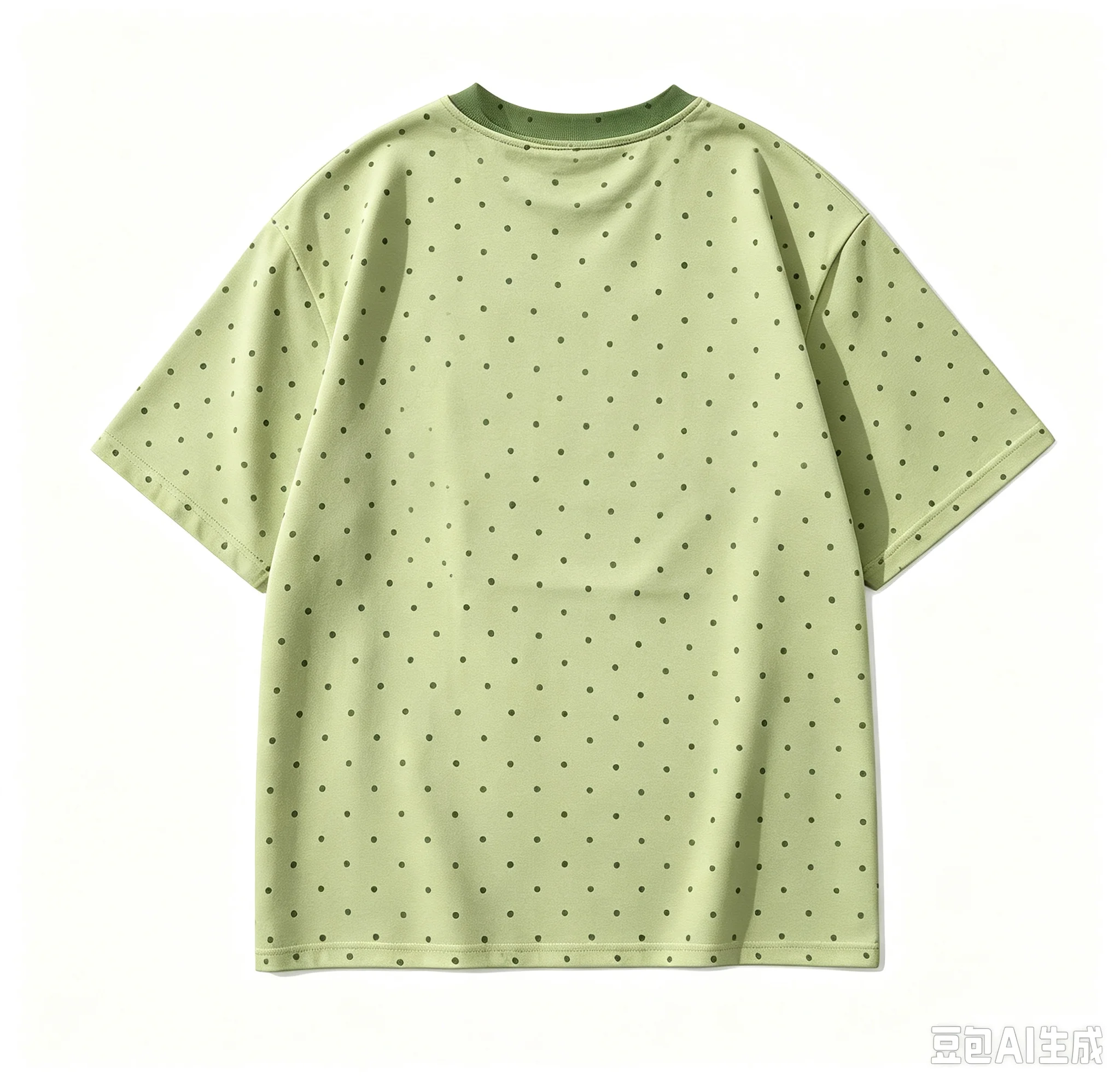 Matcha green polka dot star letter printed T-shirt with contrasting neckline, short sleeved college style round neck top