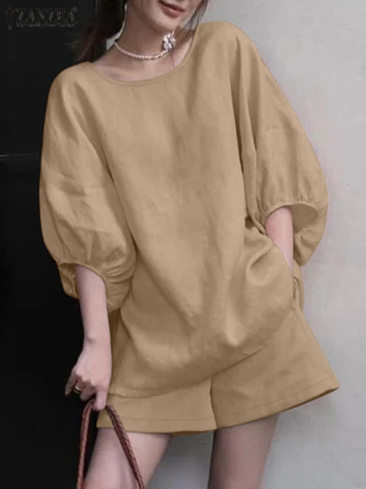 

ZANZEA Casual 2025 Summer Short Sets Elastic Waist Shorts Everyday Lantern Sleeves Blouses Solid Color 2pcs Outfit Women's Suits
