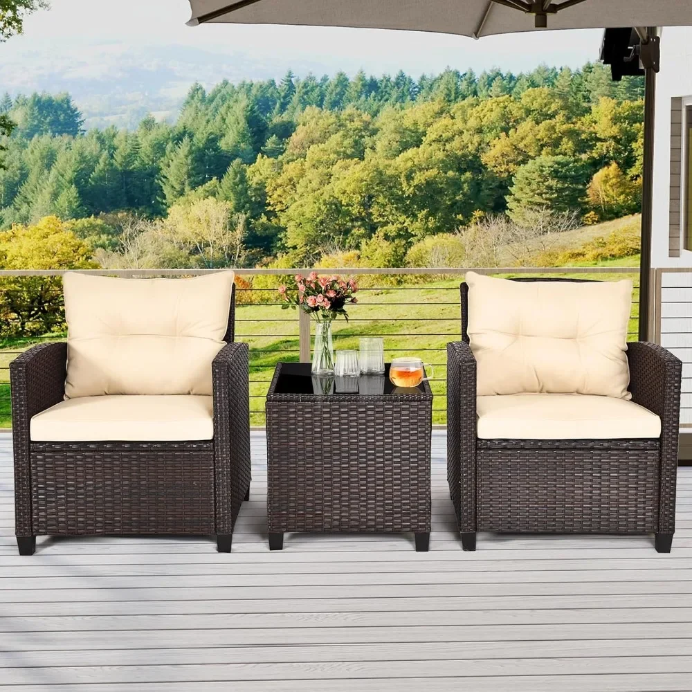 

3-piece Terrace Furniture Set, Outdoor Willow Conversation Set, Rattan Chair with Cushion, Glass Coffee Table, Small Bar
