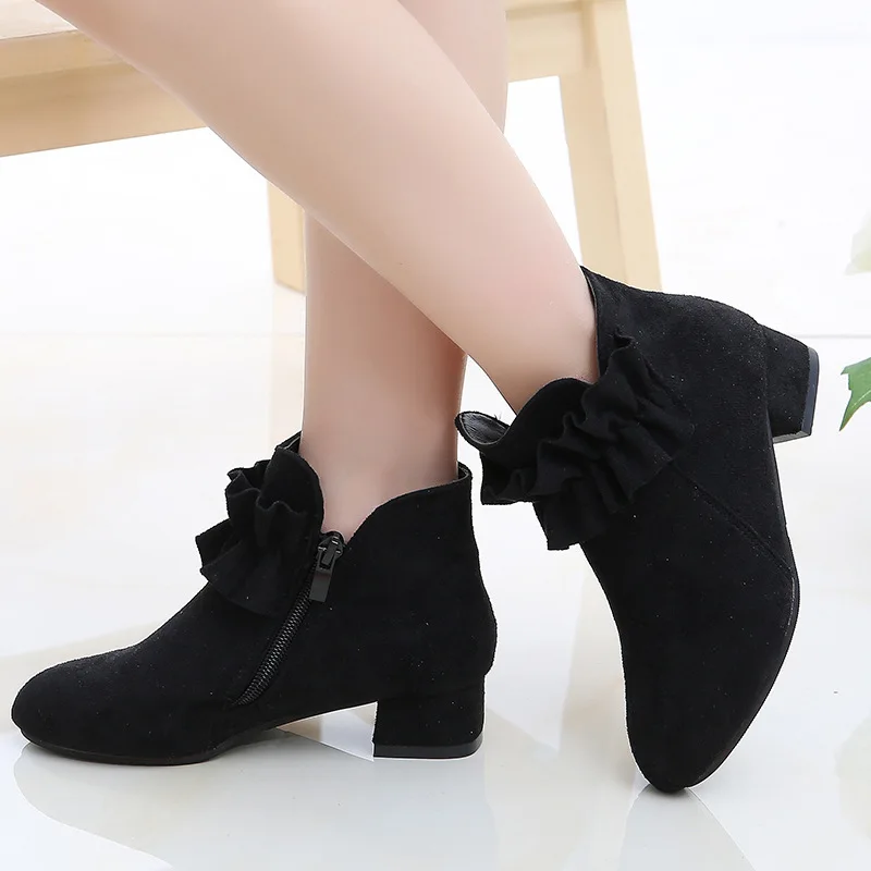 Fashion Kids Shoes Girls Princess Boots Draped Solid Autumn Winter Suede Low Heels Short Ankle Children Boots for Big Girl 27-37