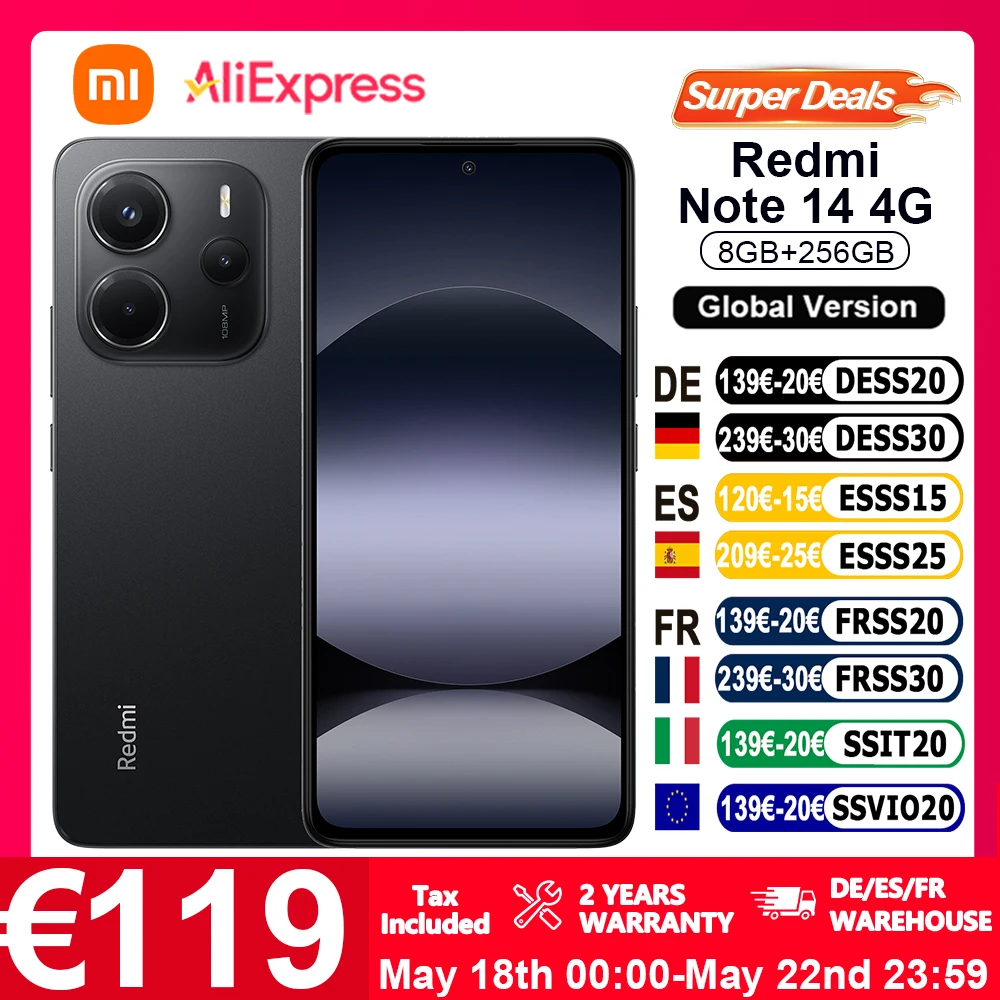 Version mondiale Xiaomi Redmi Note 14 4G NFC Smartphone MediaTek Helio G99-Ultra 108MP AI caméra 6.67 "120Hz affichage 5500mAh