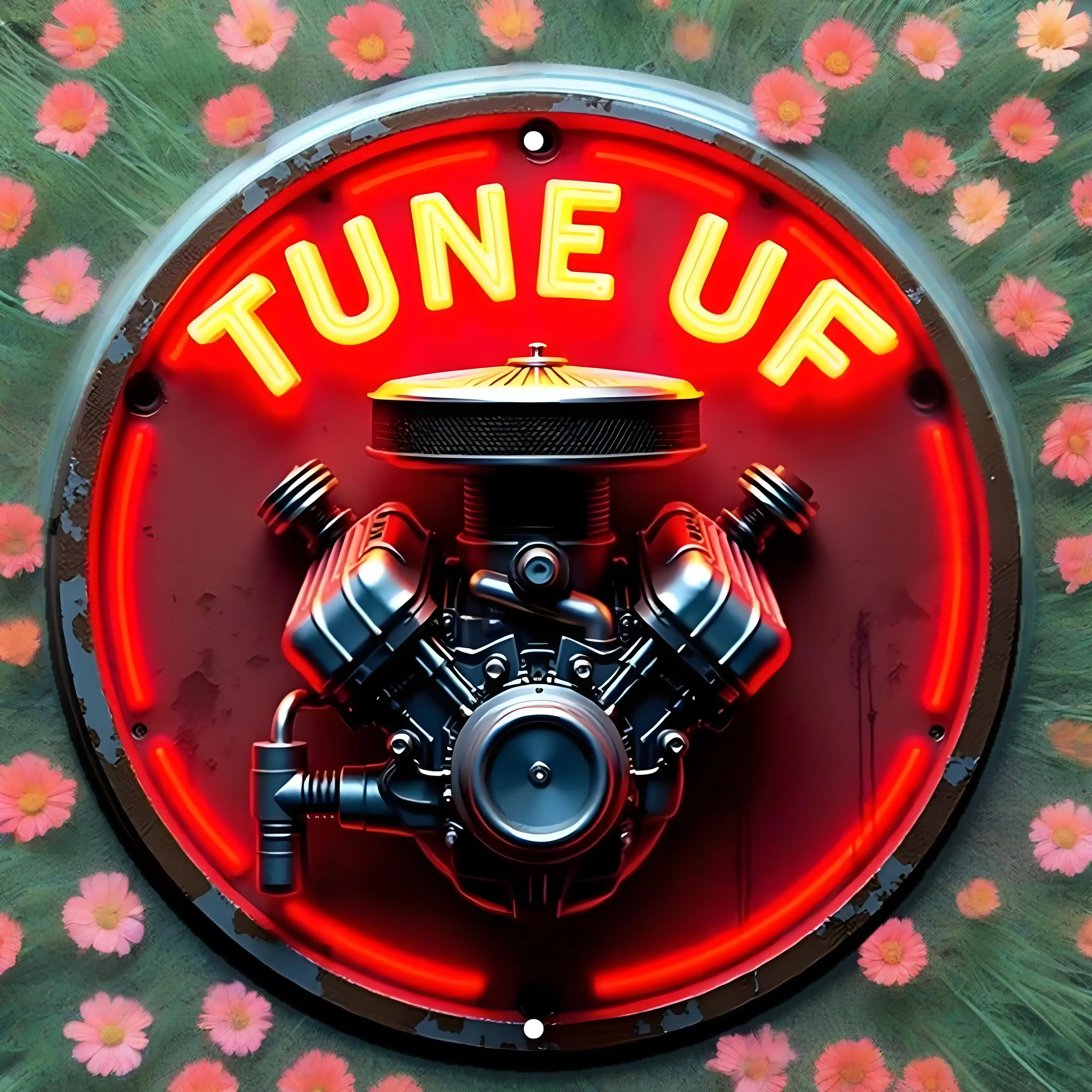 Distressed Vintage Neon Engine Metallschild |   Retro-Automobilkunst mit leuchtend wirkendem Design