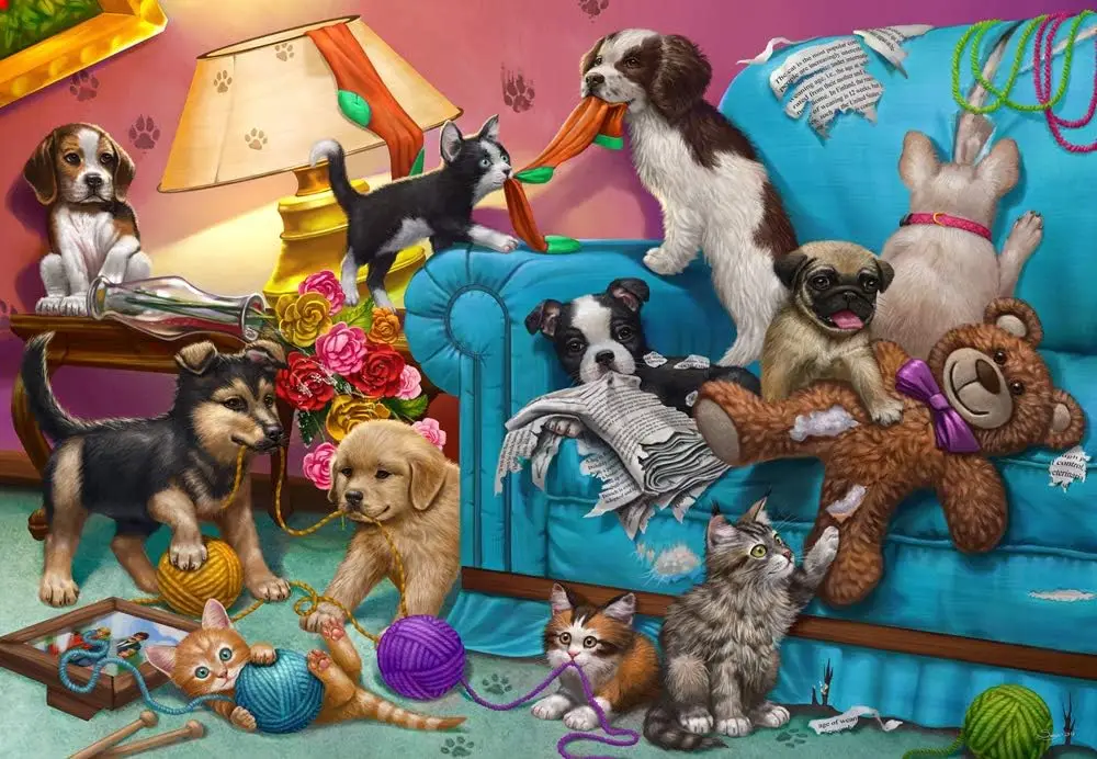 Pets Playing Yarn Jigsaw Puzzle 1000 500 300 Pieces Kittens Puppies Sofa Teddy Bear Cozy Home Scene Kids Early Education
