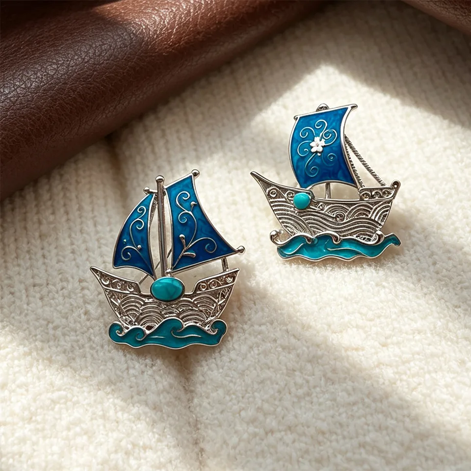 New Chinese style sailing boat brooch, retro ocean style imitation turquoise glaze color brooch accessory dual-use