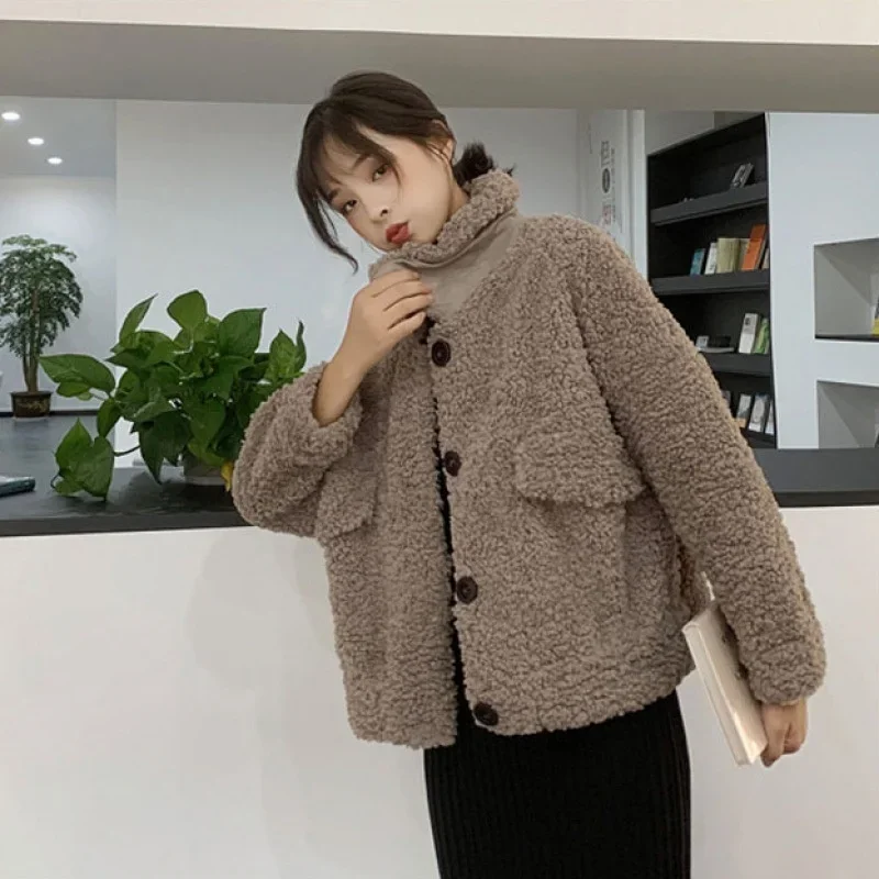 

Autumn and Winter New Imitation Lamb Wool Coat Trendy Women's Short Loose Plush Top Thickened Imitation Fur Jacket Coats Women