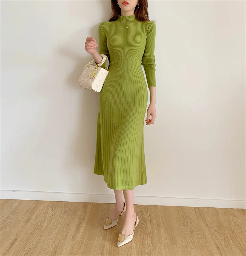 Sweater Dress Women Long Dresses Knitted Mock Neck High Waist A Line Solid Casual Autumn Winter Knit Vestidos Elegant Y2k Tops