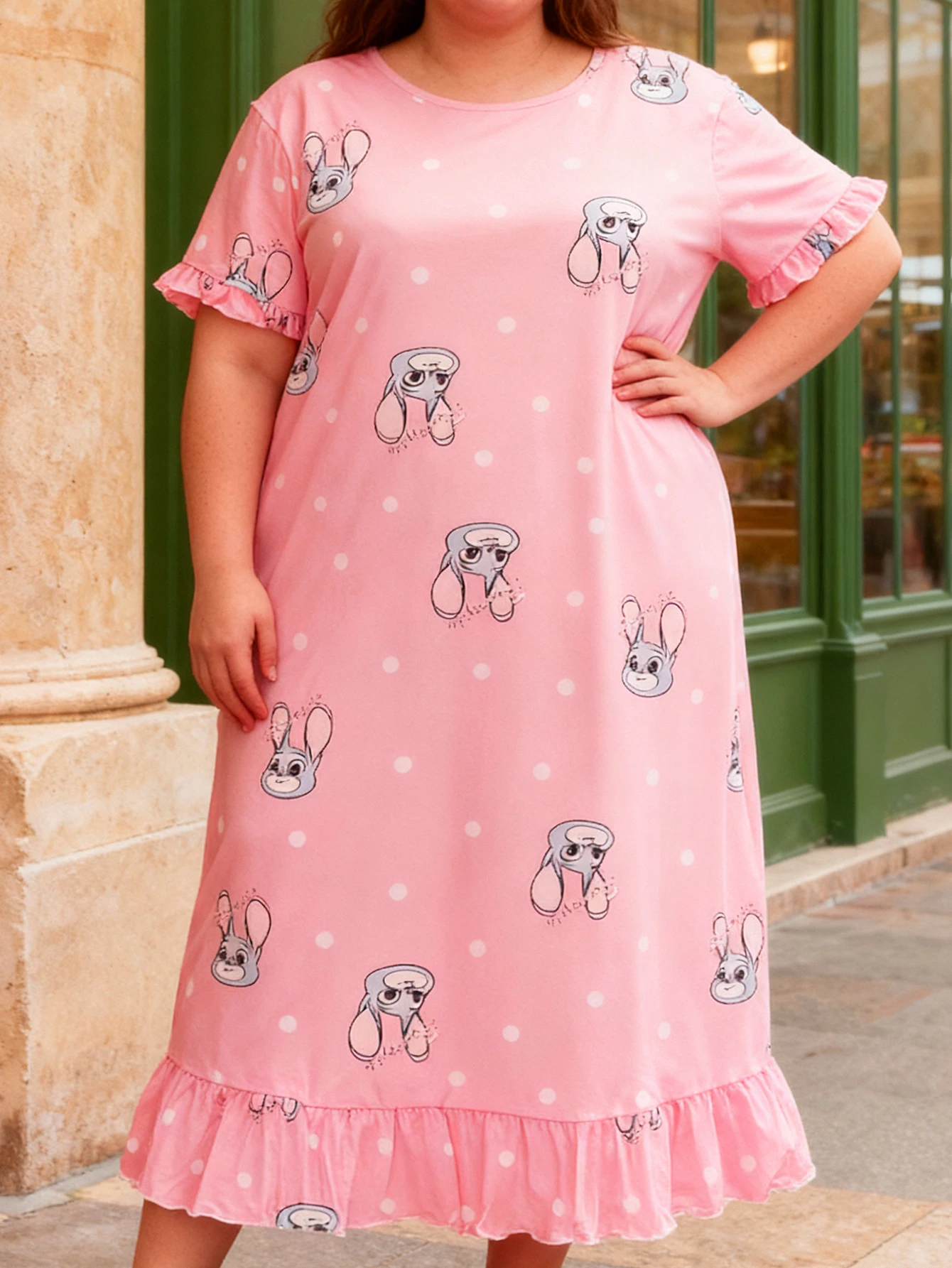 

Plus Size Women's Cartoon Rabbit Easter Print Short Sleeve Ruffle Design Nightgown Dress