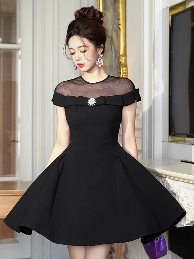 여성용 프렌치 섹시 나이트 아웃 드레스 귀여운 시스루 메쉬 스플라이스 스윙 볼 가운 생일 파티 클럽 베스티도 데이트 로브