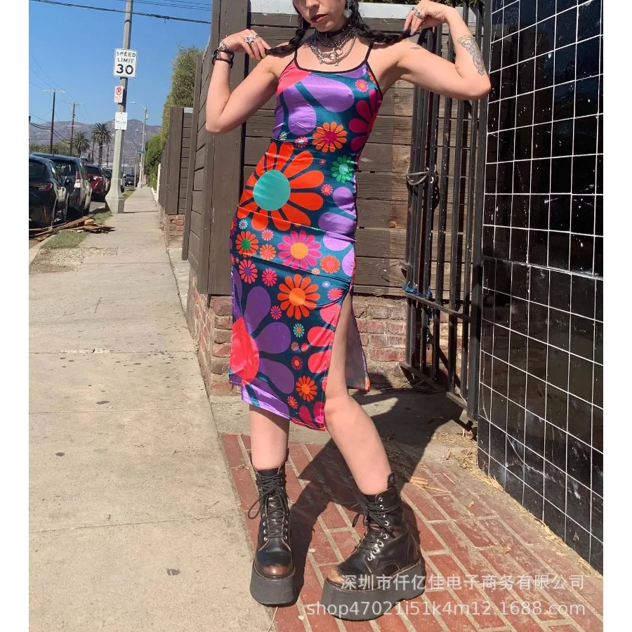 

【New style】's new flower digital print suspender-shaped sexy slim mid-length dress