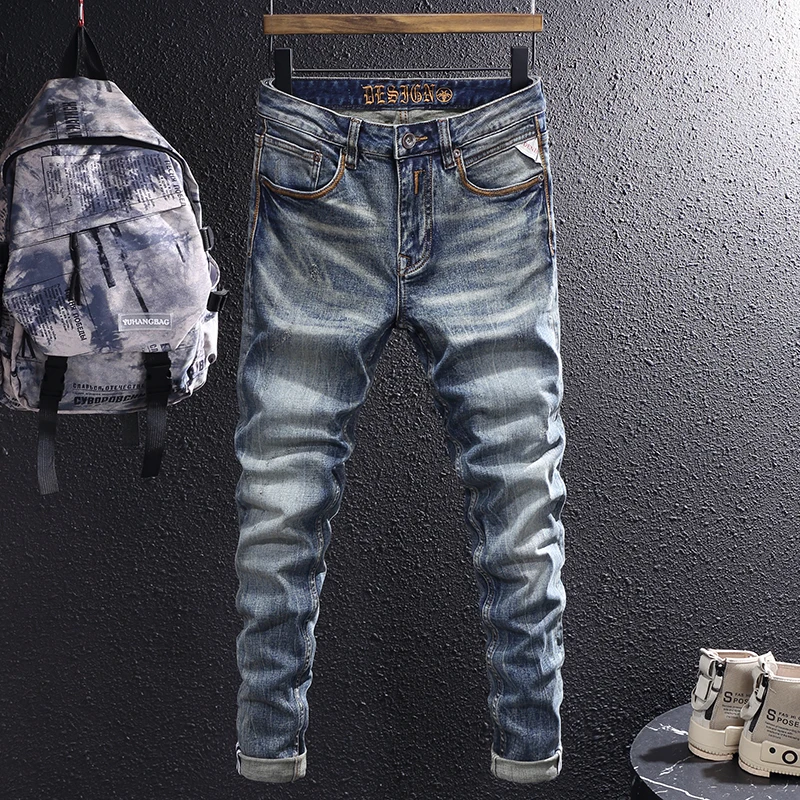 

Fashion Designer Men Jeans Trendy Trousers High Quality Retro Blue Elastic Slim Fit Vintage Jeans Men Casual Denim Pants Hombre