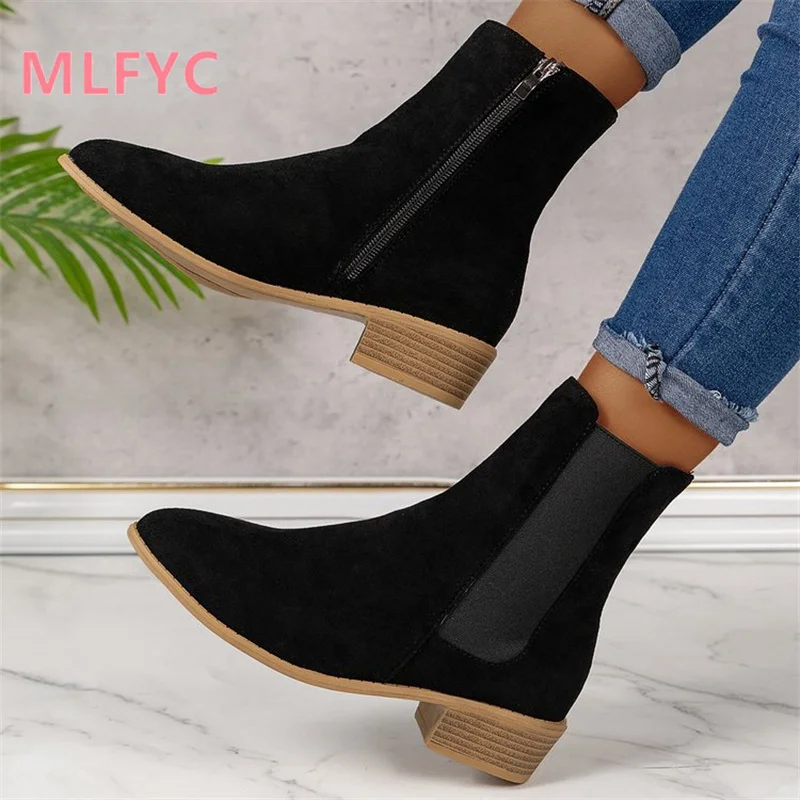 

Autumn Winter Low Tube Square Heel Side Zipper Solid Color Wear-resistant Fashion Boots for Women's Simple Casual Boots