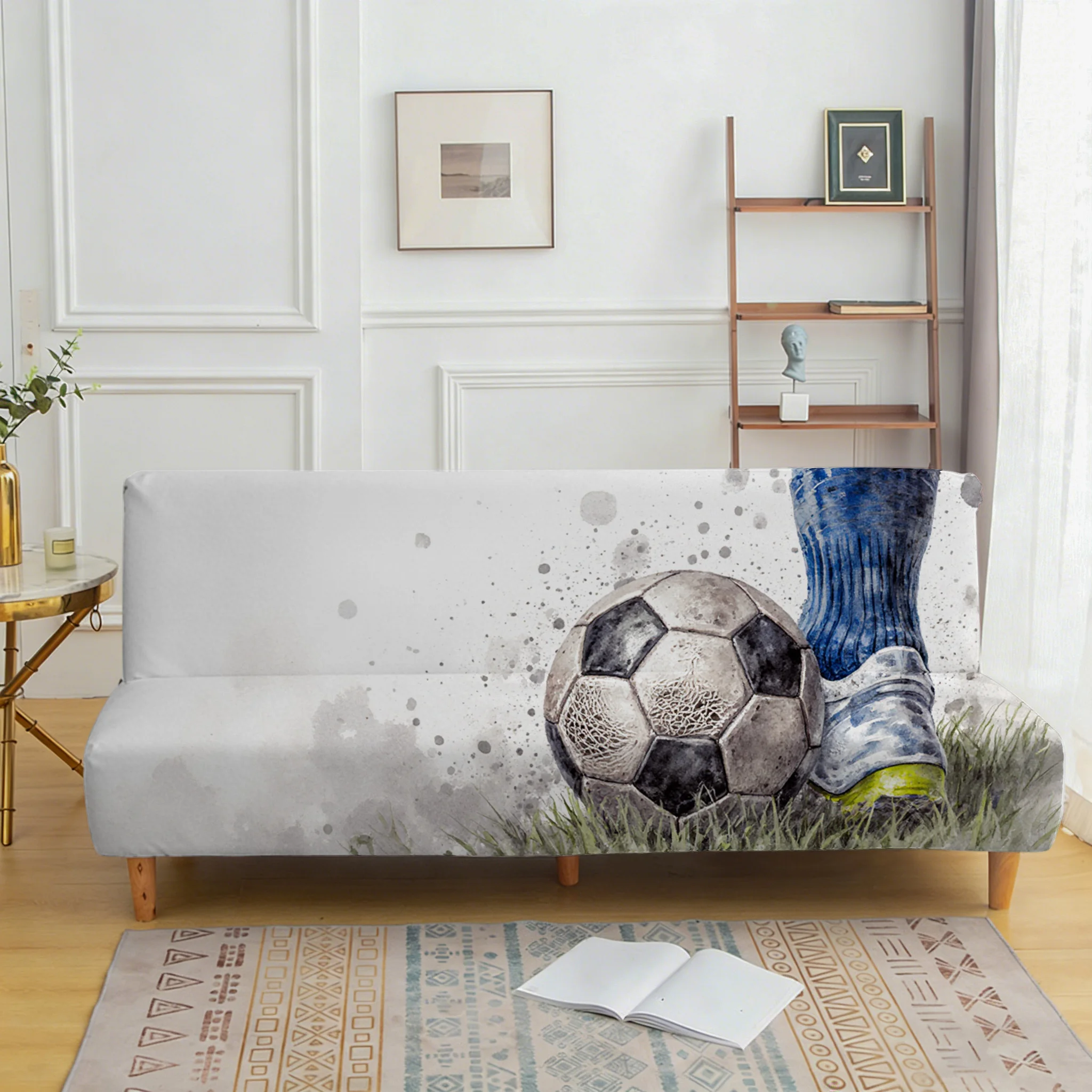 Watercolor grass football pattern elastic sofa bed cover, living room sofa bed cover, dustproof washable sofa bed cover