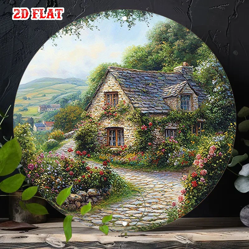 2D Flat, 1pc Vintage Cottagecore Round Metal Wall Art - Stone Cottage & Rose Garden Sign with Greenery & Cobblestone Path, Rusti