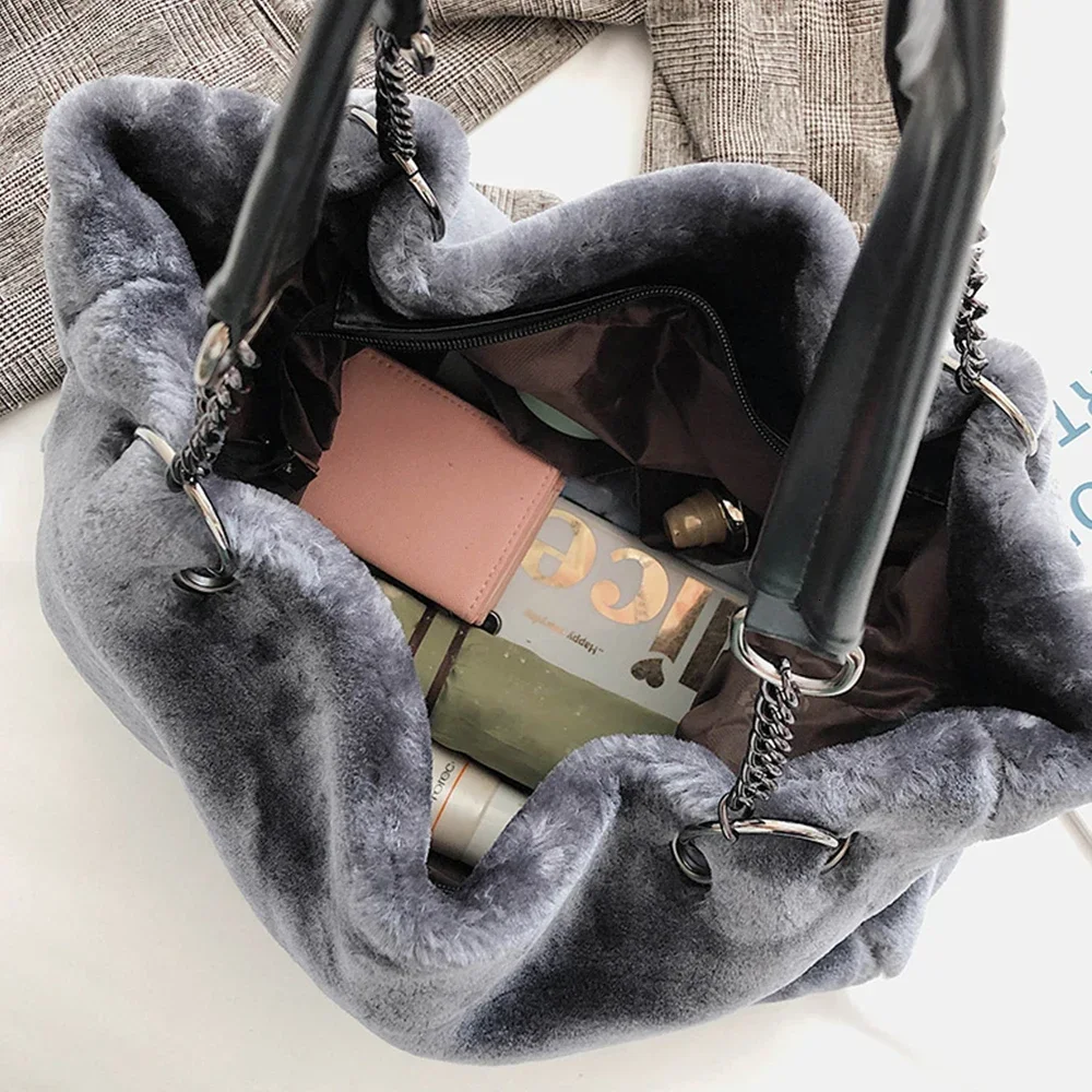 HISUELY Faux Fur Tote Bag Winter Plush Women Shoulder Bag Casual Lady Handbag Female Chain Larger Capacity Travel Shopping Bag