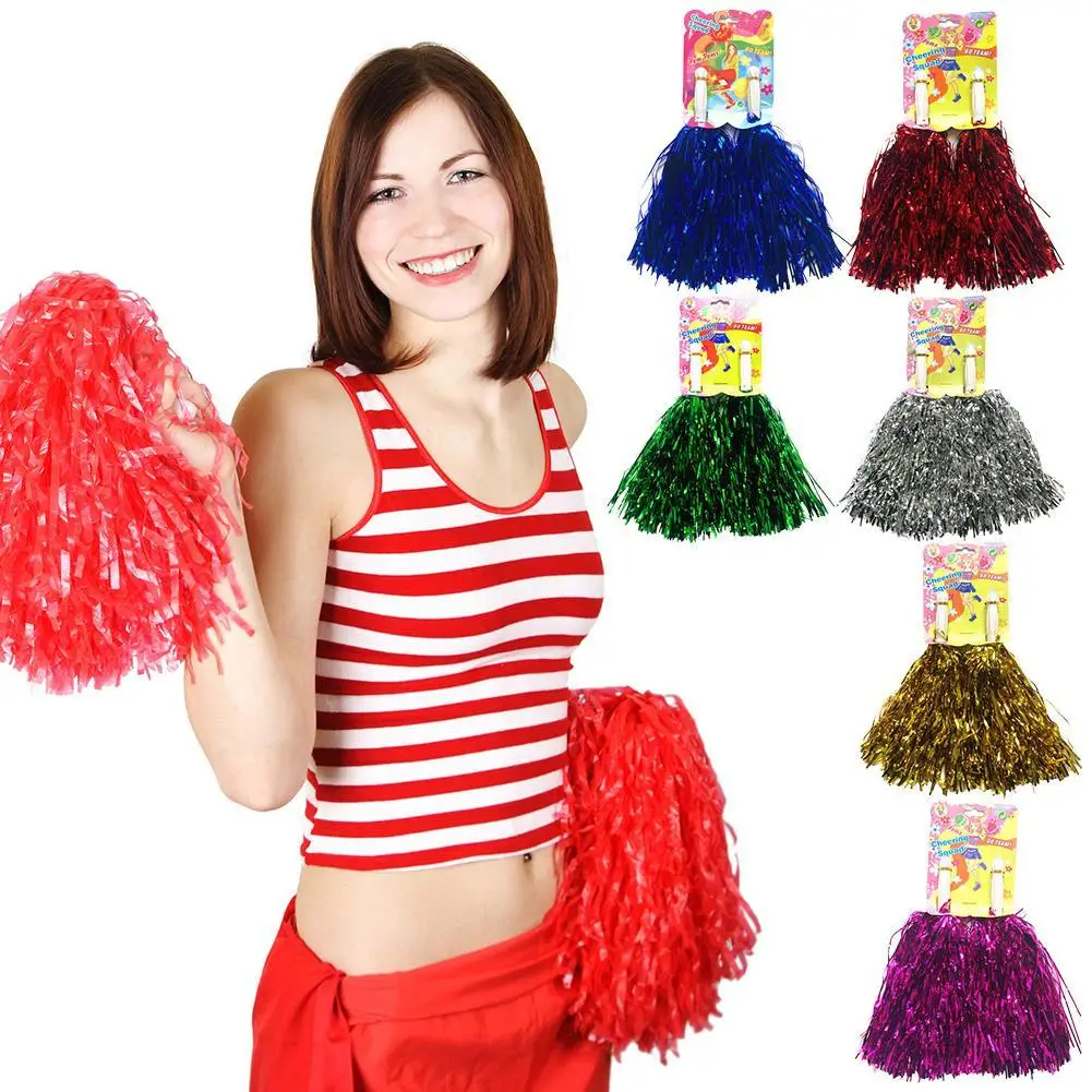 เชียร์ลีดเดอร์ Pom Poms พร้อม Handle Cheer Balls ทองสีเหลืองสีชมพูสีแดงสีเขียวสีฟ้าสําหรับเต้นรํามือผู้หญิงเด็กผู้หญิง Pompoms อุปกรณ์เสริม