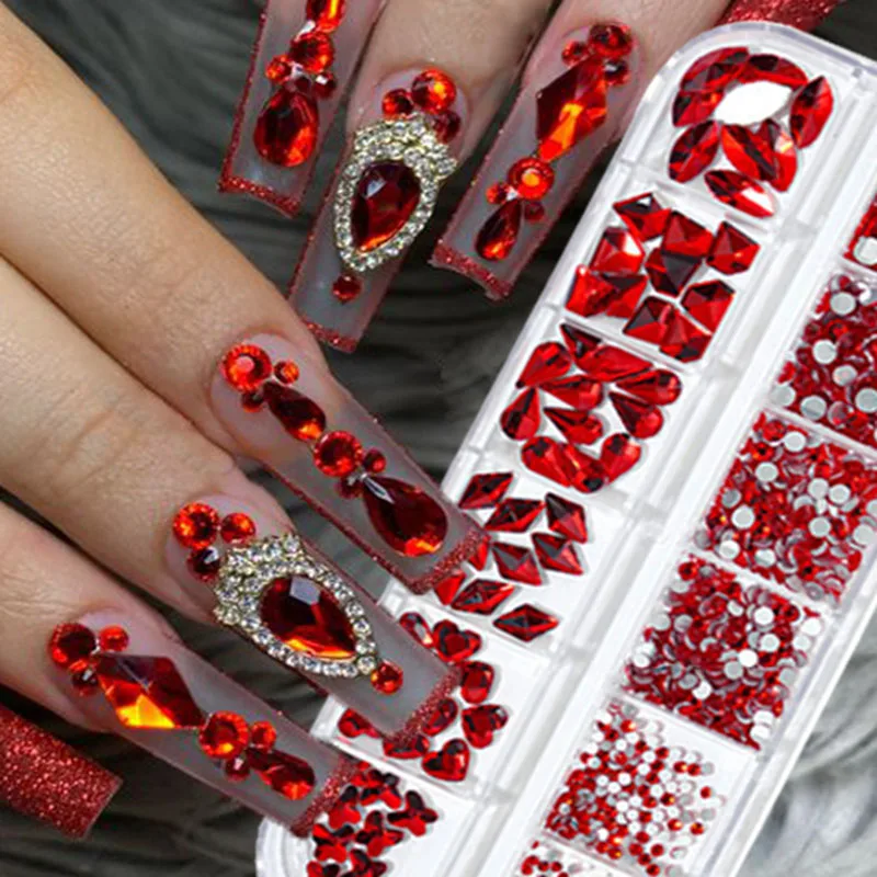 1000pcs Valentine's Day RED Rhinestone 12 Grid FlatBack Mixed-Size Nail Crystal DIY Non-Hotfix 3D Red Manicure Diamond ZB-2023