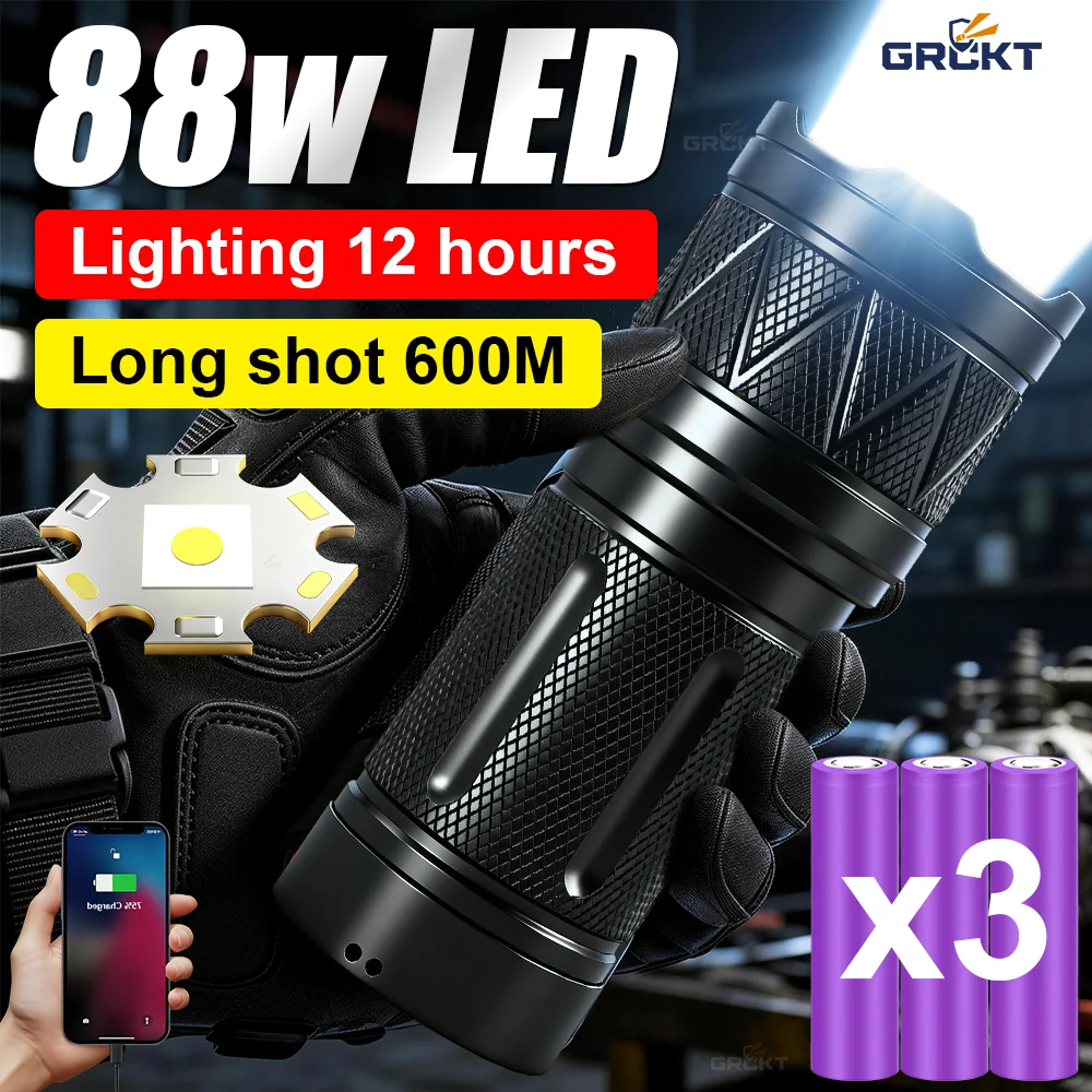 7800mAh Flashlight White Laser Rechargeable LED Flashlight 18650 Battery Power Bank Tactical Zoom Torch Outdoor Camping Lantern
